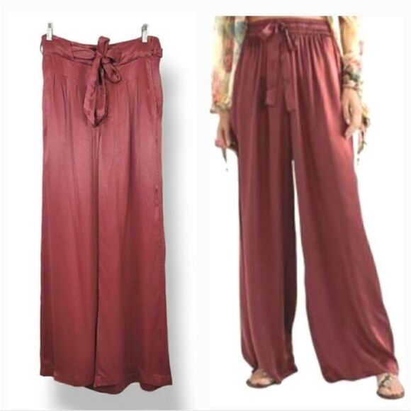 NEW Sundance Satin Tie Waist Wide Leg High Rise Trousers in Dark Rose Size 12 - Picture 1 of 12